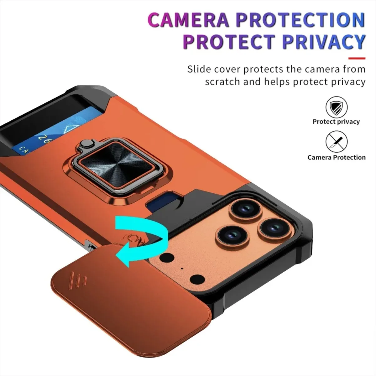 Shockproof Armor Phone Case with Card Slot, Ring Holder, and Slide Camera Cover