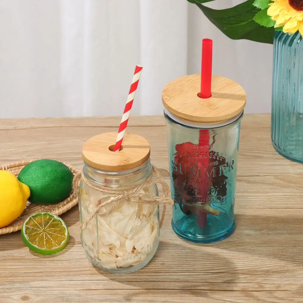 Reusable Covers Caps Storage Bottles Wide Mouth Cup With Straw Hole Mason Jar Lid Bamboo Wood Lids
