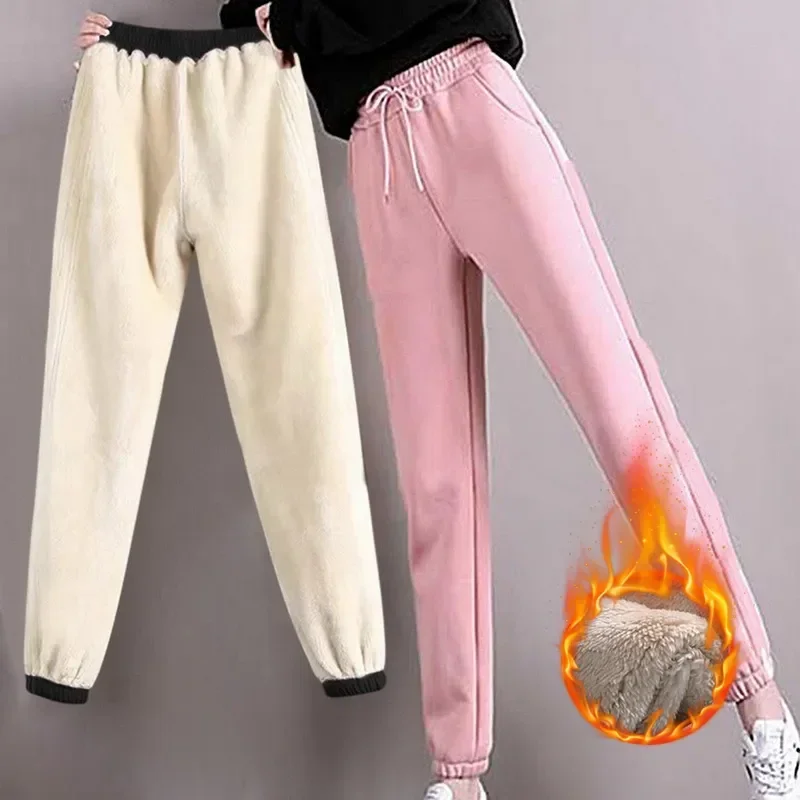 

Trousers Thicken Lace-up Color Leggings Lambwool Sweatpants Stretch Pants Fleece Casual Winter Gym Women Sport Solid Female Warm