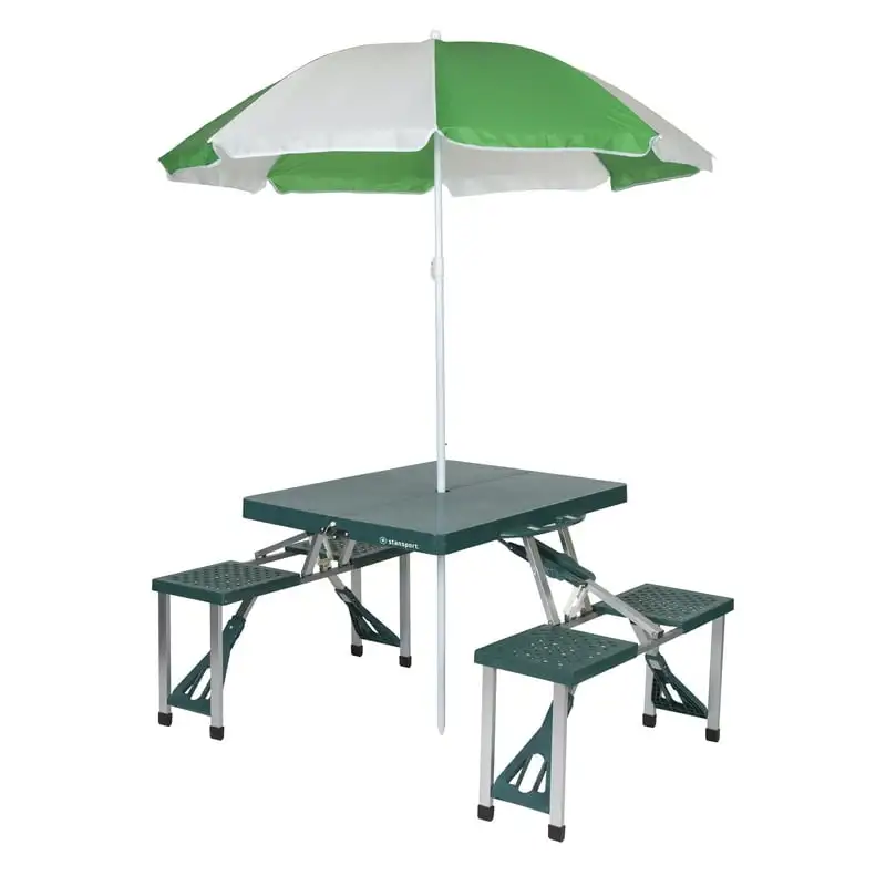 

Picnic Table and Umbrella Combo - Green - Heavy Duty Plastic - Square Ultralight Hiking Climbing Picnic Folding Tables
