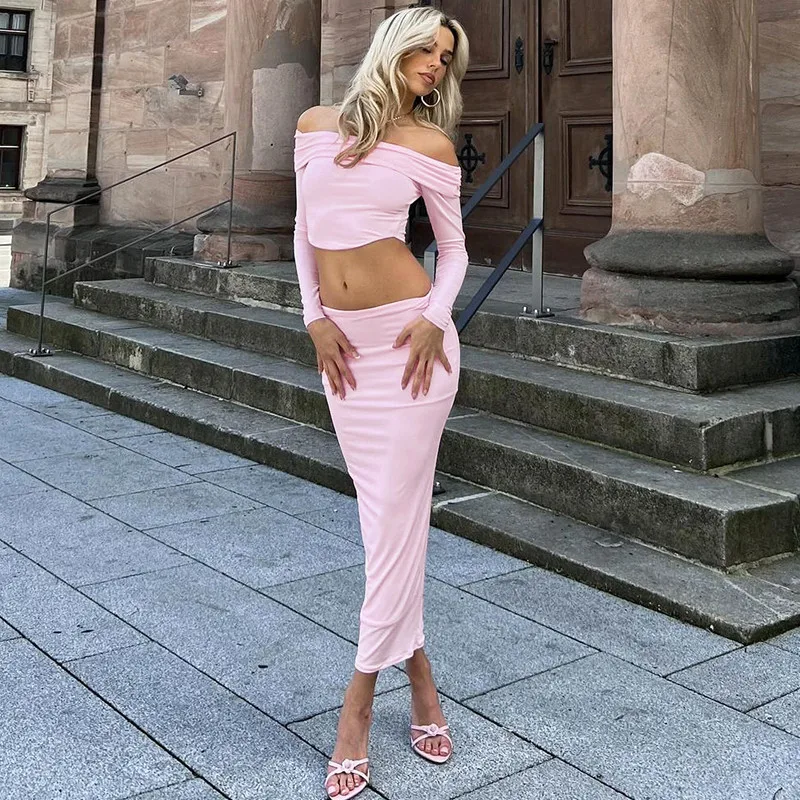 Casual Off-Shoulder 2 Piece-Set Maxi Skirt For Women Patchwork Long Sleeve Pullover Top And Long Skirt Sets Female Outfits