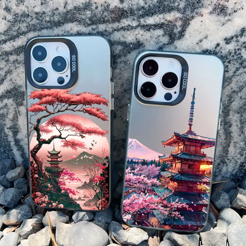Japanese Aesthetic Mount Fuji Landscape Shockproof Phone Case with Laser Design