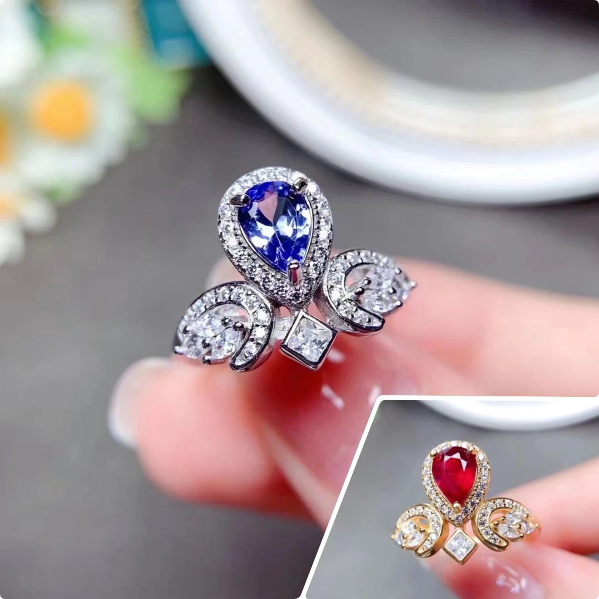 

Женское кольцо с танзанитом/Рубином FS, из серебра 925 пробы, 5 х7