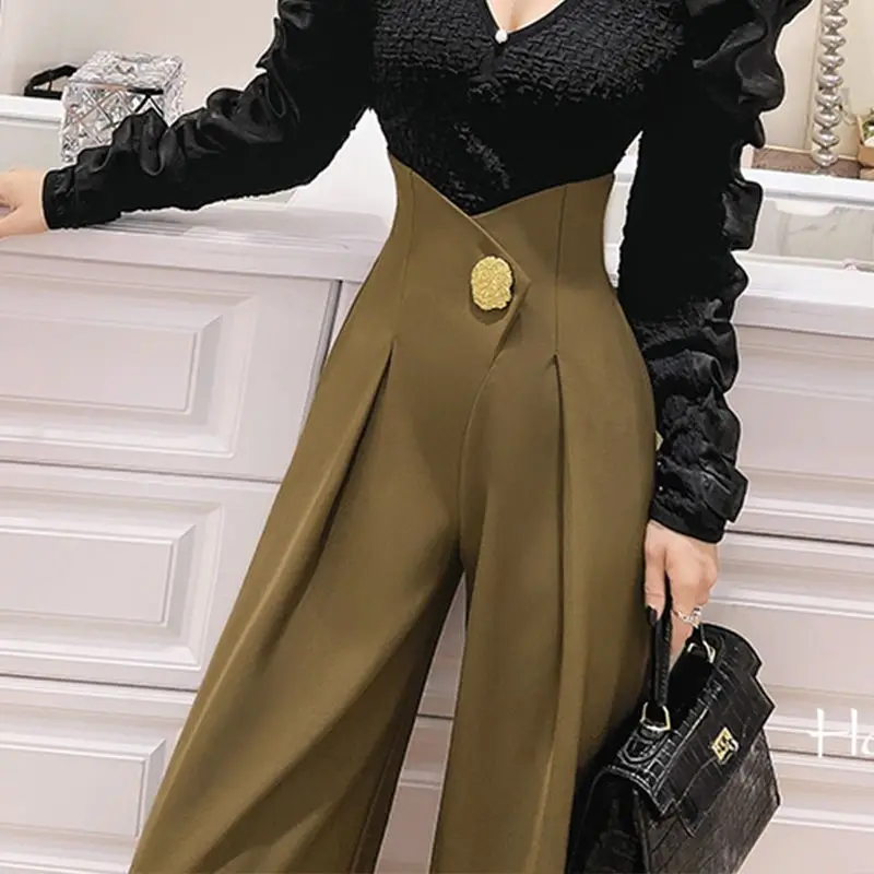 Stylish Spring Autumn High Waist Pants Folds Female Clothing Three-dimensional Decoration Basic Spliced Wide Leg Waist Trousers toyouth women jeans 2023 autumn high waist straight loose wide leg denim pants line decoration fashion trendy trousers