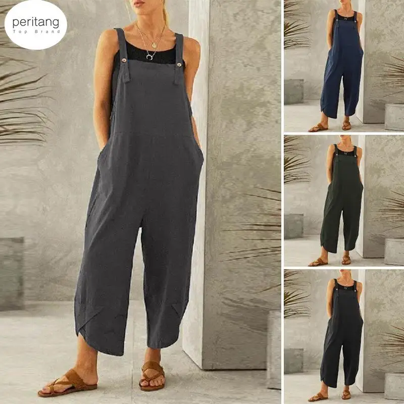 

Womens Jumpsuits 2023 Wide Leg Overalls Denim Blue Dungarees Rompers Sleeveless Adjustable Strap Button Summer Pants