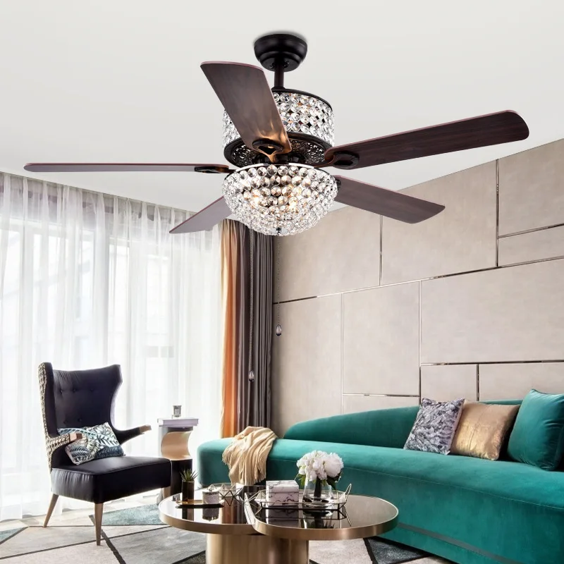 American crystal ceiling fan lamp Living room bedroom remote control fan Light LED restaurant ceiling lamp fixtures
