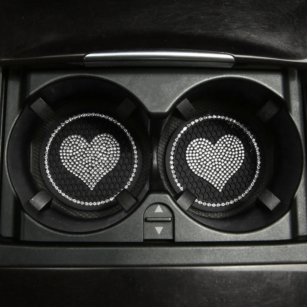 Car Coaster Pads 2PCS Heart Shape Car Diamond Coaster Water Cup Slot Non-Slip Mat Silica Pad Cup Holder Mat Auto Interior Decoration Accessories