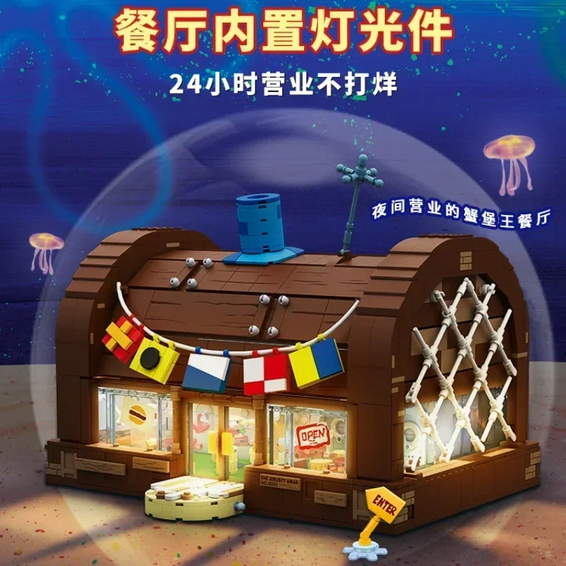 Spongebob Building Blocks Cartoon Crab King Restaurant Model Ornamenti Assemblati Giocattolo Con Espositore Regalo Di Compleanno