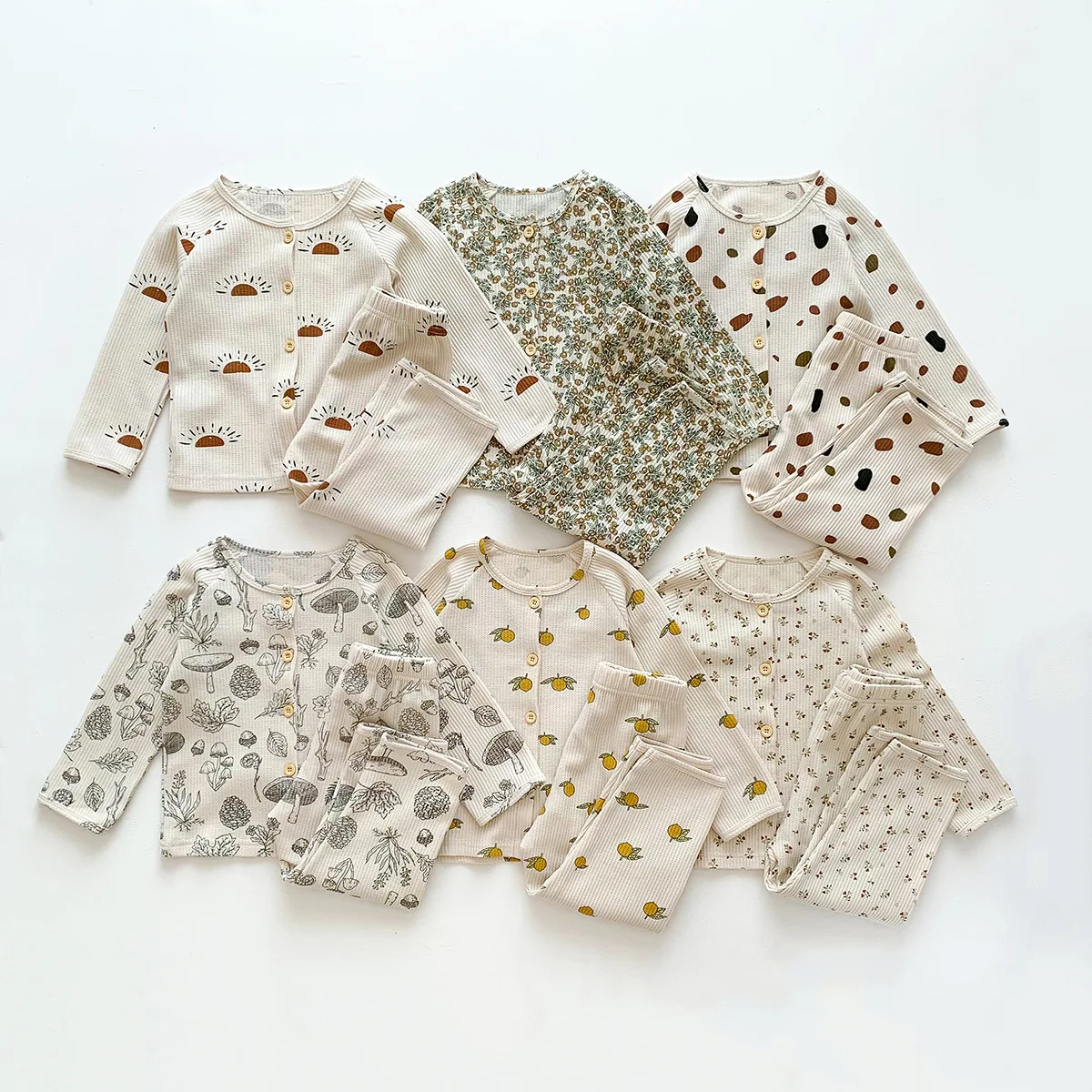 

1-6 Years Toddler Baby Kids Unisex Casual Pajamas Suit Waffle Cotton Long Sleeve Shirts Tops+ Long Pants Children Clothes Set