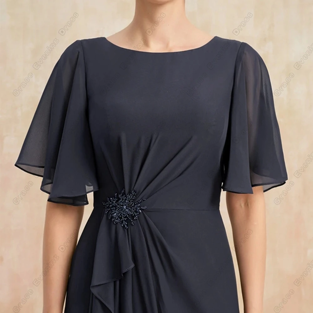 Mother of Bride Dresses Women Scoop Sheath Beach Wedding Party Dresses Chiffon Half Sleeve Beading