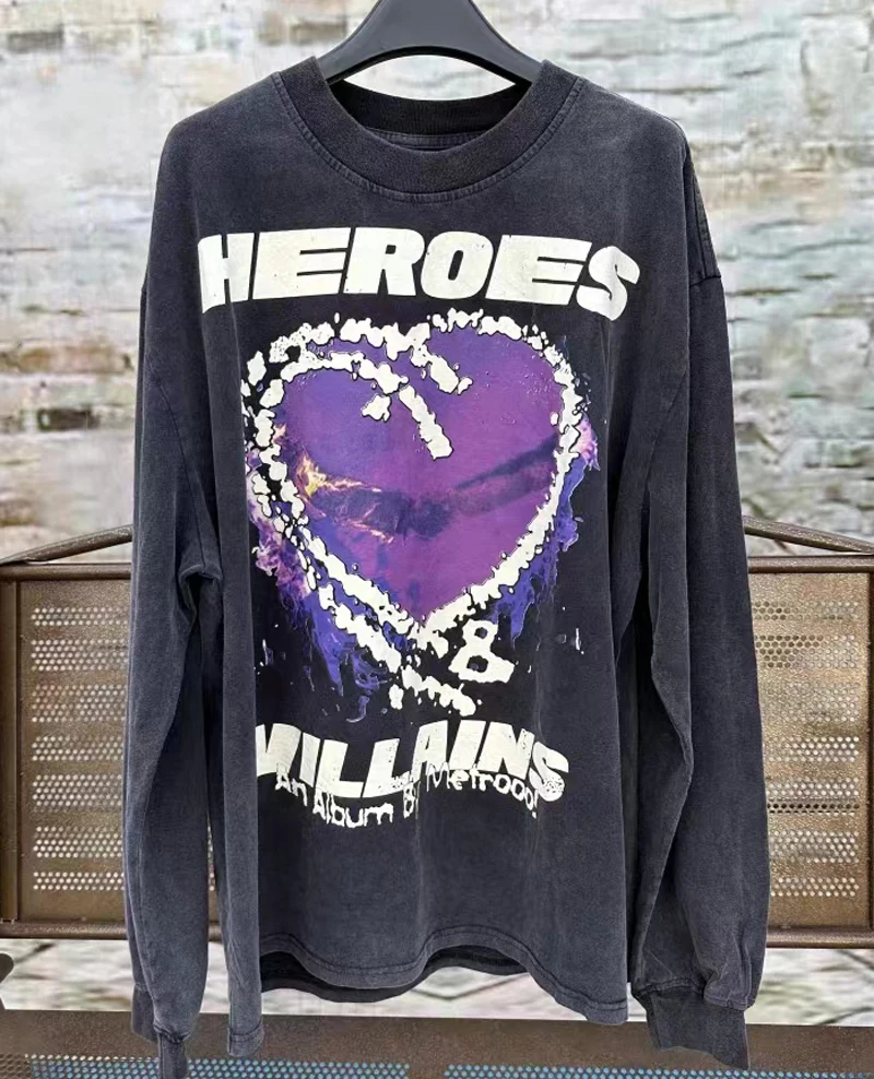 

Y2k Real Photo Hellstar Long Sleeve T-shirt Purple Heart Graffiti T Shirt Do Old Wash Water Craft Vintage Men Women HELLSTAR Top
