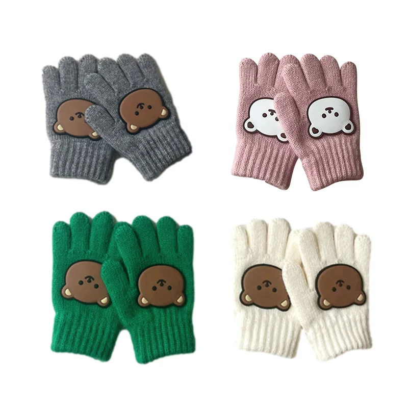 Cute Bear Baby Gloves Winter Candy Color Woolen Mittens for Children Girl Boys Knitted Kids Mitten Warm Infant Accessories 3-7Y fashion women plush cat paw gloves winter faux fur cute cat claw fingerless mittens glove soft keep warm mitten for women girls