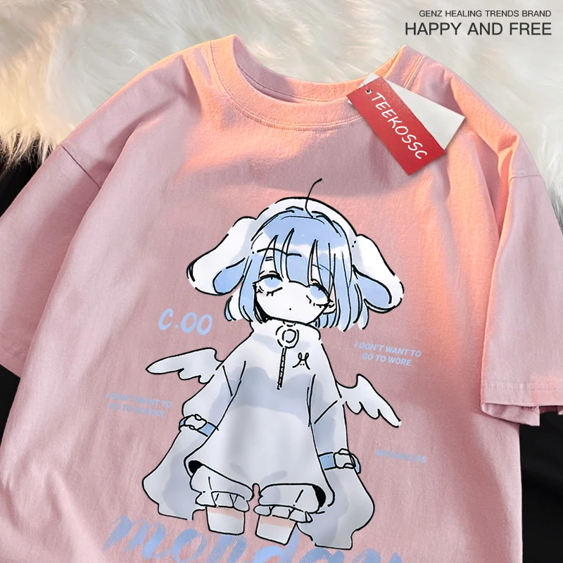 Monday Blue Cartoon Girl Print Japanese Style Male Tshirt Summer Loose Cotton T Shirt Street Tee Clothes Oversize Casual Tops