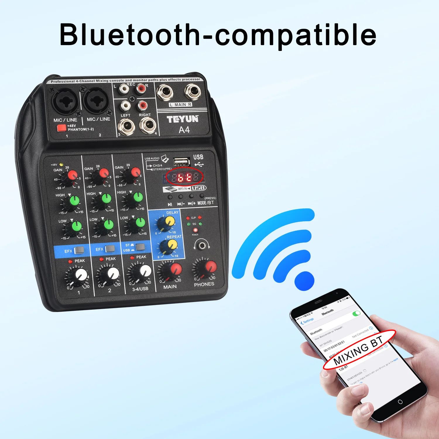 Portable Audio Sound Mixer Delay Repeat Effect 4 Channel 48V Bluetooth Mixing Console USB PC Record Play Broadcast Table A4