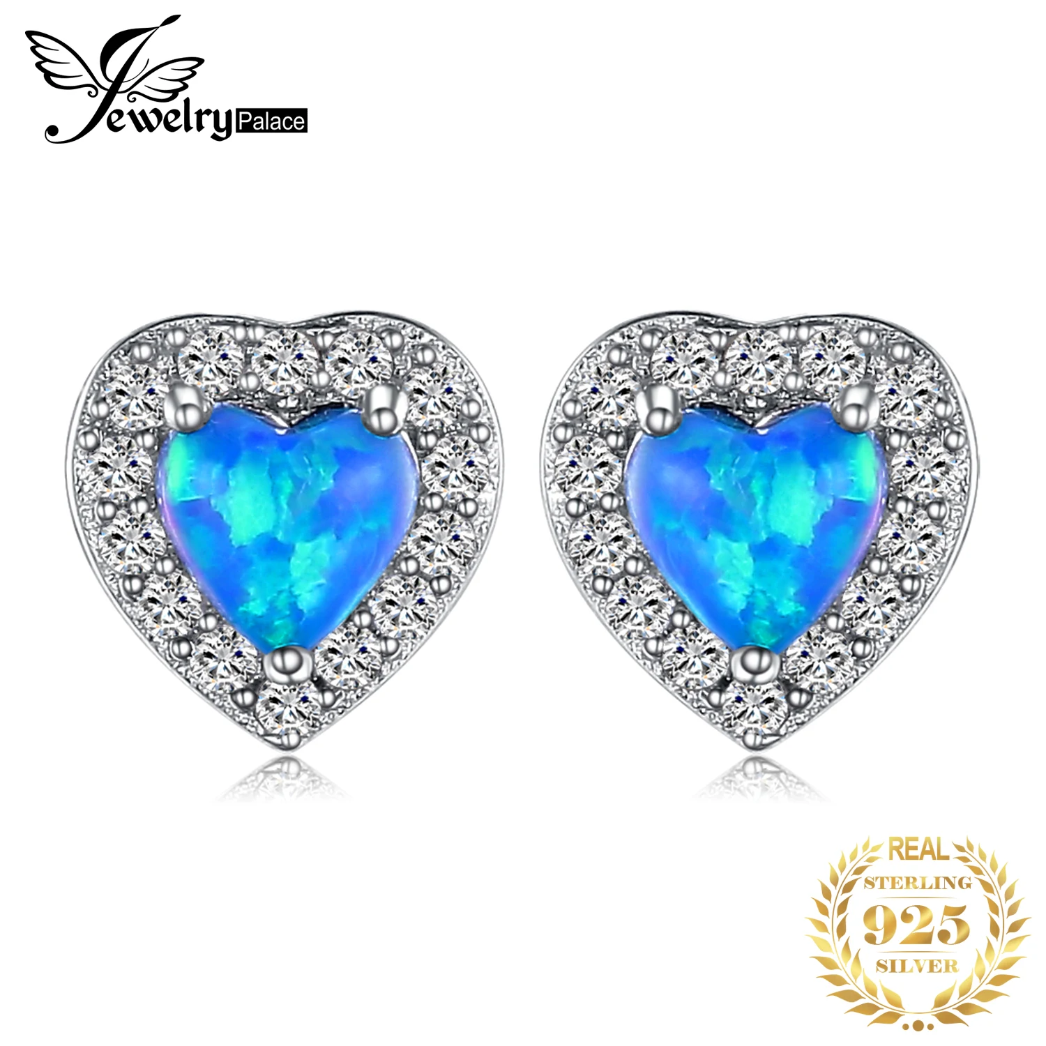 JewelryPalace Love Heart Created Blue Opal 925 Sterling Silver Stud Earrings for Woman Trendy Fine Jewelry Fashion Party Gift
