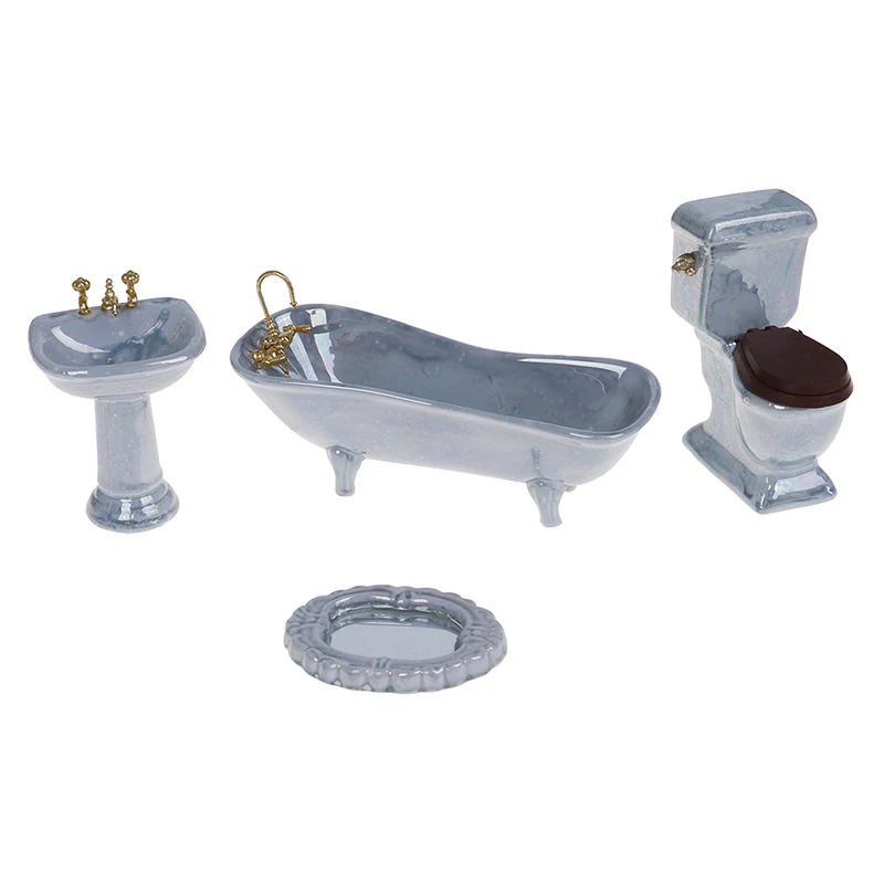 1:12 Dollhouse miniature grey blue porcelain bathroom set toilet basin bathtub G 