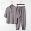 Cotton Linen Casual Seven-Quarter Sve Two-Piece Set for Men Loose Fit Summer Thin Long Pants Comfortable Breathable Clothing