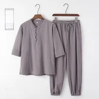 Cotton Linen Casual Seven-Quarter Sve Two-Piece Set for Men Loose Fit Summer Thin Long Pants Comfortable Breathable Clothing