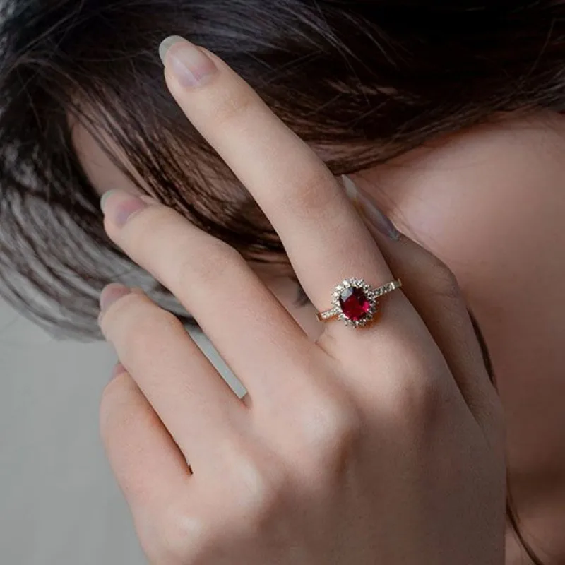 CCFJOYAS 100%  18k 골드 도금 레트로 루비 ? ? 여성용 반지 절묘한 타원형 로즈 레드 지르콘 빈티지 핑거 링