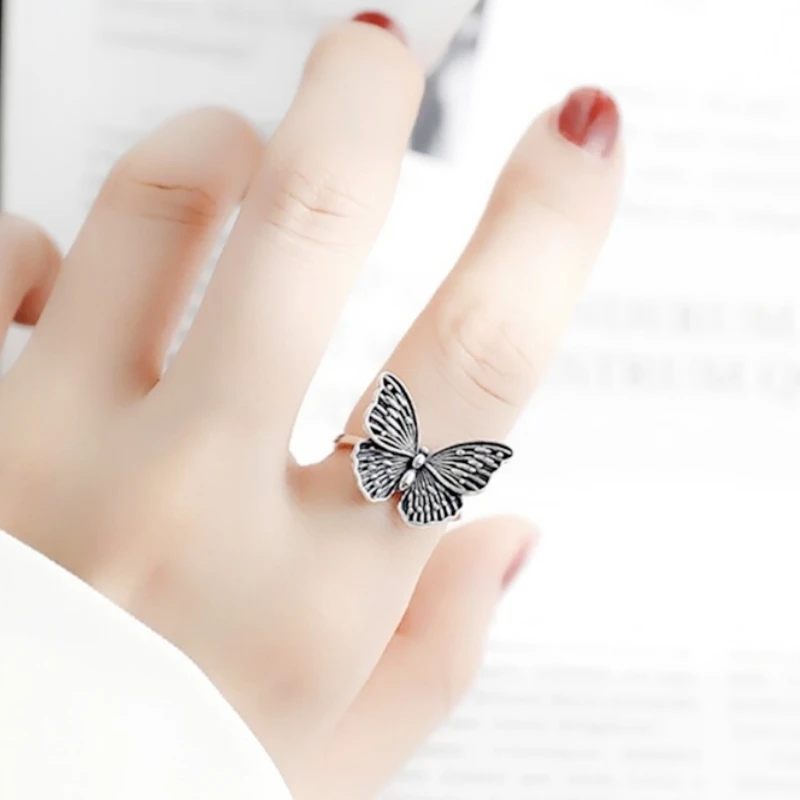 WYEAIIR 925 Sterling Silver Retro Hollow Butterfly Creativity Literature Resizable Opening Ring For Women Luxury Jewelry 2