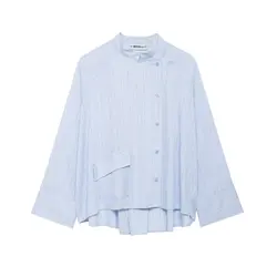 Women's Striped Asymmetric Hem Top with Pocket and Cuffed Sleeves - M (Light  Blue)