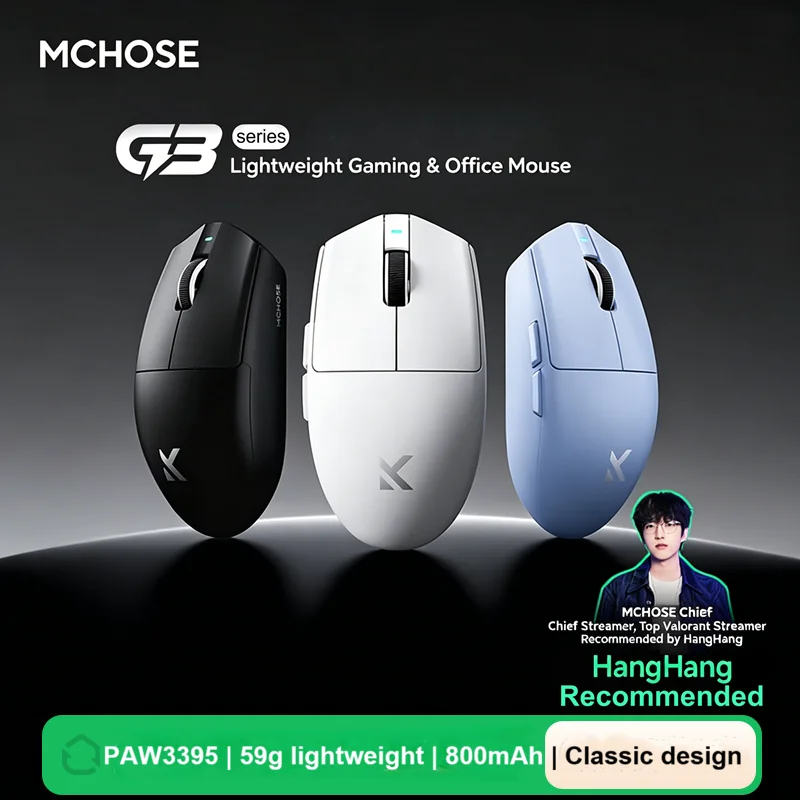 MCHOSE G3 V2 무선 게이밍 마우스 PAW3395/PAW3311 센서 트라이 모드 2.4G BT USB 800mAh PC용 경량 인체공학적 e스포츠 마우스