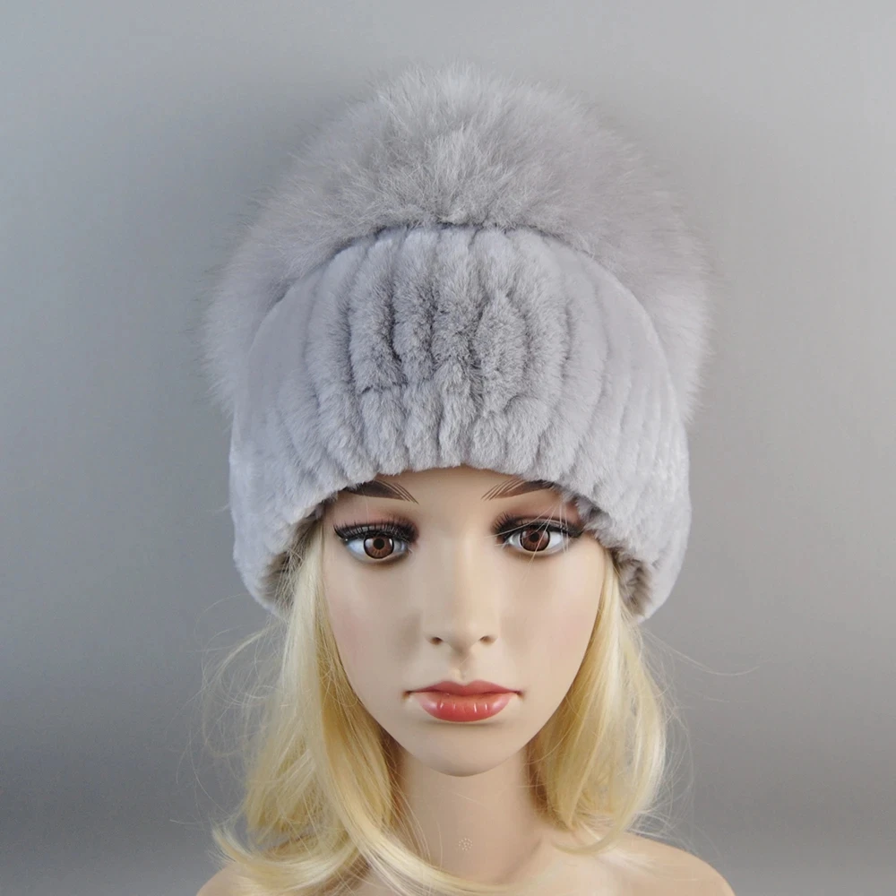 Russia Lady Winter Real Fur Hat Women Warm Knitted Genuine Rex Rabbit Fur Hat Top Natural Fox Bomber Caps Rex Rabbit Cap knitted hat