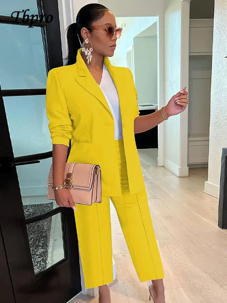 Women Blazer Pants 2 Piece Sets Fashion Lady Solid Color Suits 2022