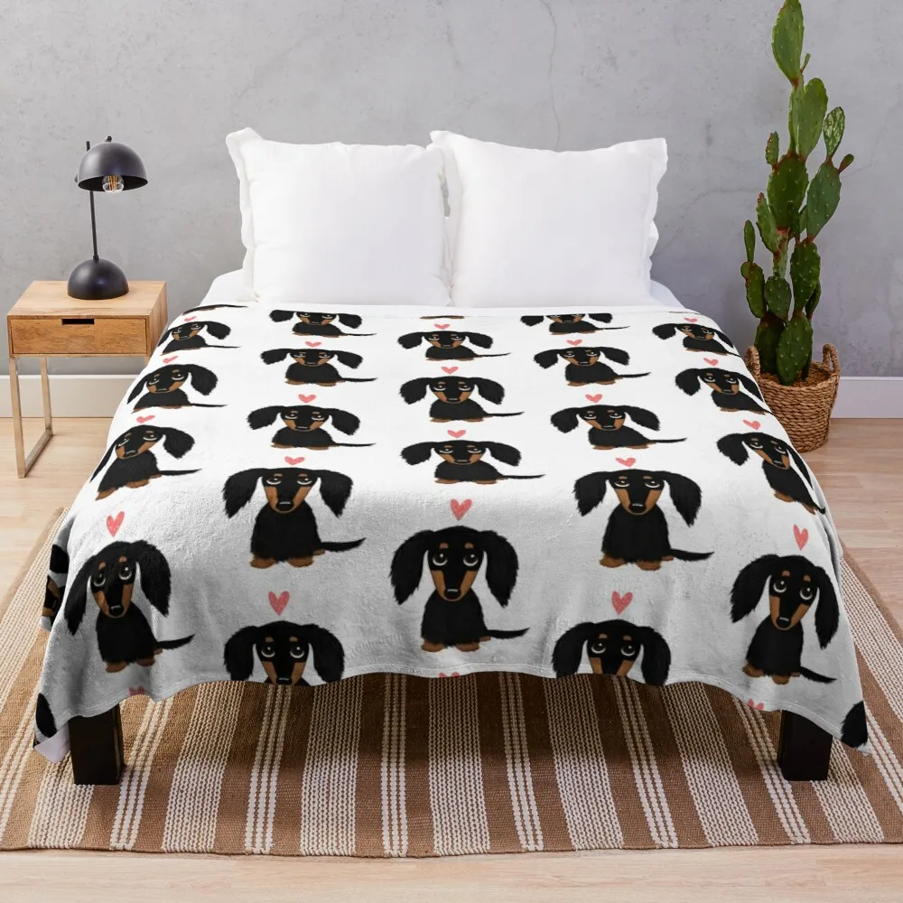 

Black and Tan Longhaired Dachshund Cartoon Dog with Heart Throw Blanket