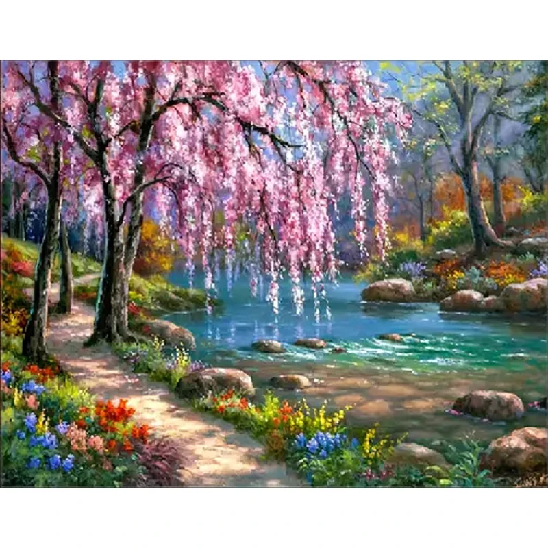 

DIY Diamond Painting Tree Landscape by the River 5D Artificial Diamond Mosaic Art Handmade Embroidery Interior Decoration Gift