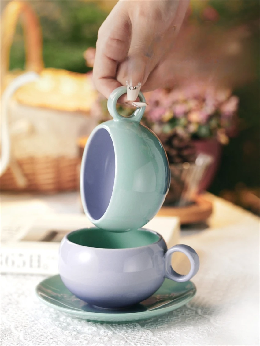 

Nordic Ins Style Egg Shape Coffee Cup Light Luxury Simple Color Glaze Macaron Contrast Color Latte Flower Ceramic Cup
