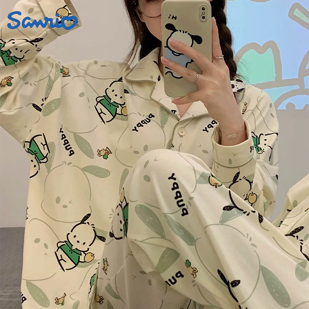 

Sanrio Pochacco Kuromi Pajamas Cartoon Cute Autumn Long Sleeved Pajamas Home Wear Cotton Loose Pajamas Comfortable Girl Clothing