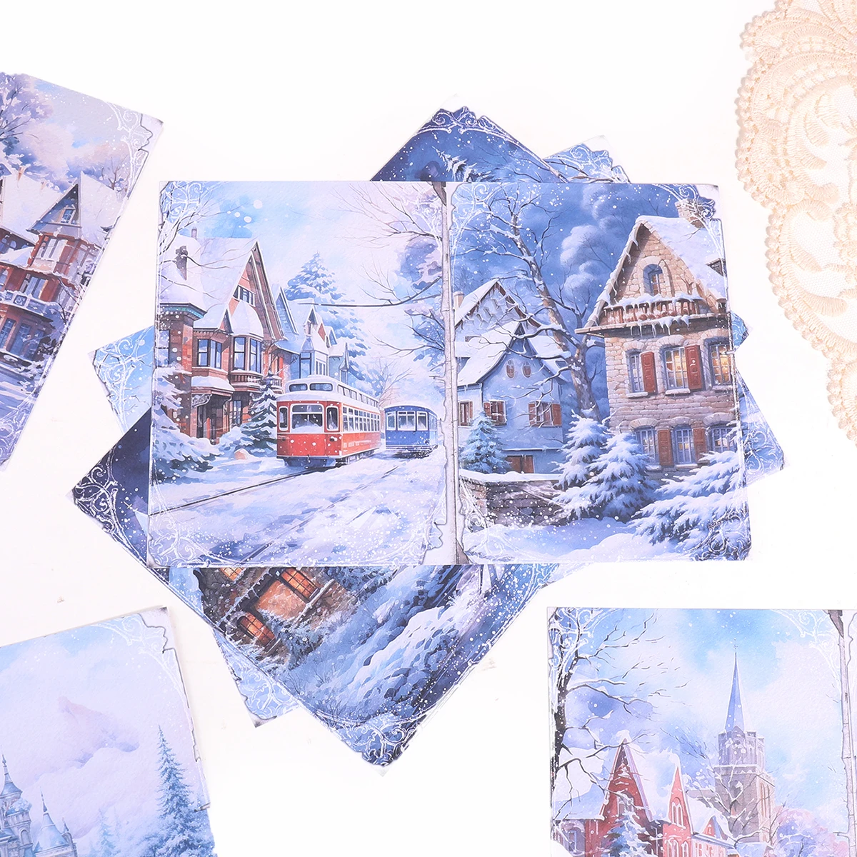 8 Fogli/Confezione di Materiali in Carta con Scenari Romantici Natalizi Innevati, Adatti per Decorazioni di Scrapbook e Biglietti, un Regalo per Amici. - immagine 5