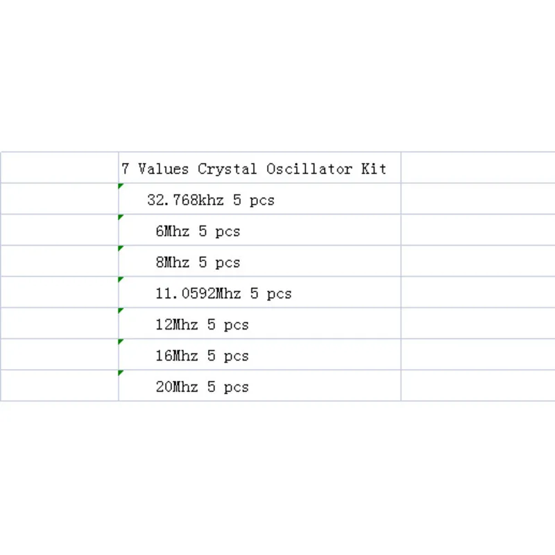 7 값 * 5pcs = 35pcs 32.768Khz 6Mhz 8Mhz 11.0592Mhz 12Mhz 16Mhz 20Mhz 수정 발진기 HC-49S 키트