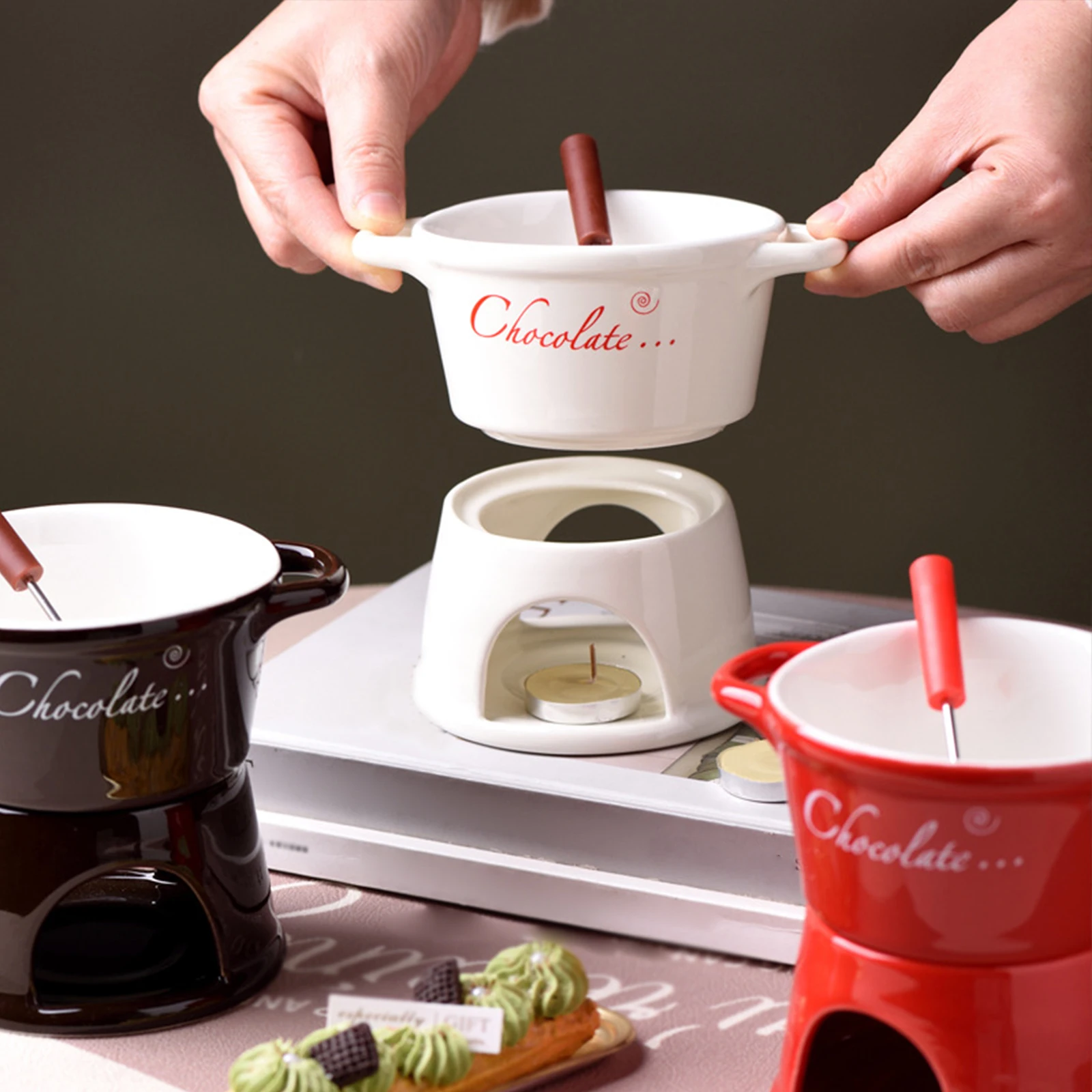 Chocolate Melting Cup Ceramic Chocolate Fondue Pot Set With Fondue