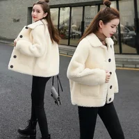 Lamb Fur Jacket Women Short Thickened Autumn Winter Outerwear Polyester Material Button Decoration Girl Style Coat