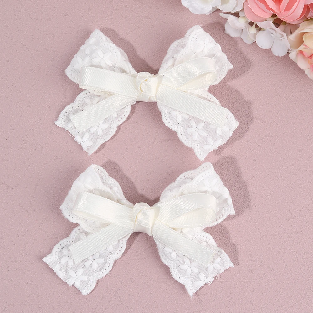 2Pcs/Set Girls Cute Solid Flower Hair Clips White Floral Embroidery Bow Barrette For Children Baby Sweet Headwear Accessories