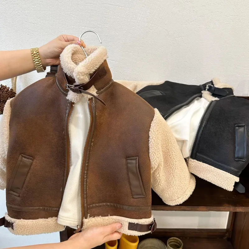 

Children's jacket 2023 winter boys and girls patchwork fur lining thicken jacket baby stand collar warm short coat