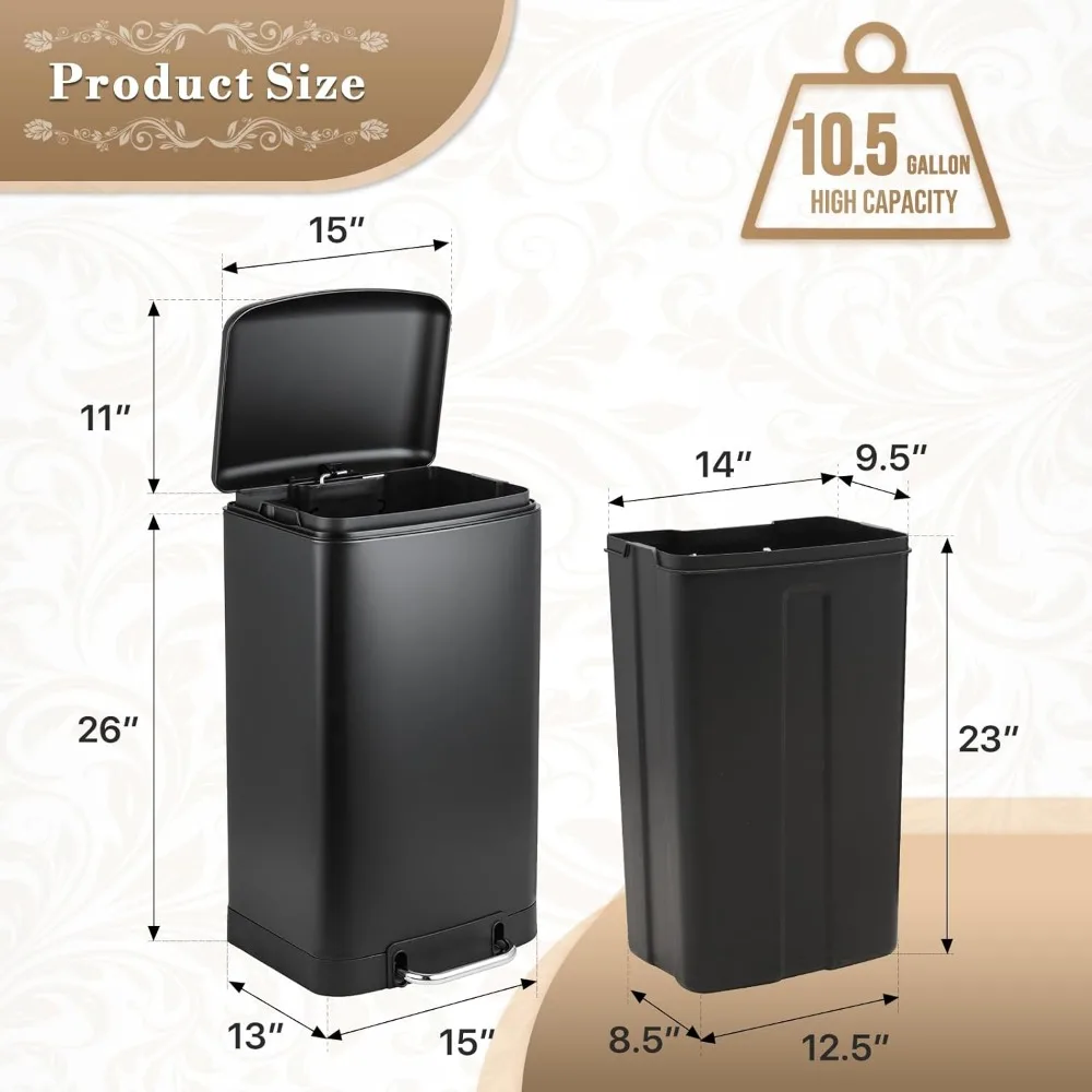 Step-on Trash Can 10.5 Gallon Garbage Can with Lid and Metal Pedal 40 Liter Waste Bin with Inner Bucket Back &Handle Indoor 3