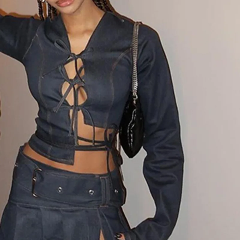 Y2k Sexy Women Hollow Out Lace-up Cardigan Shirts Tops Long Sleeve Twist Asymmetric Cropped Shirts Backless Bandage Slim T-shirt
