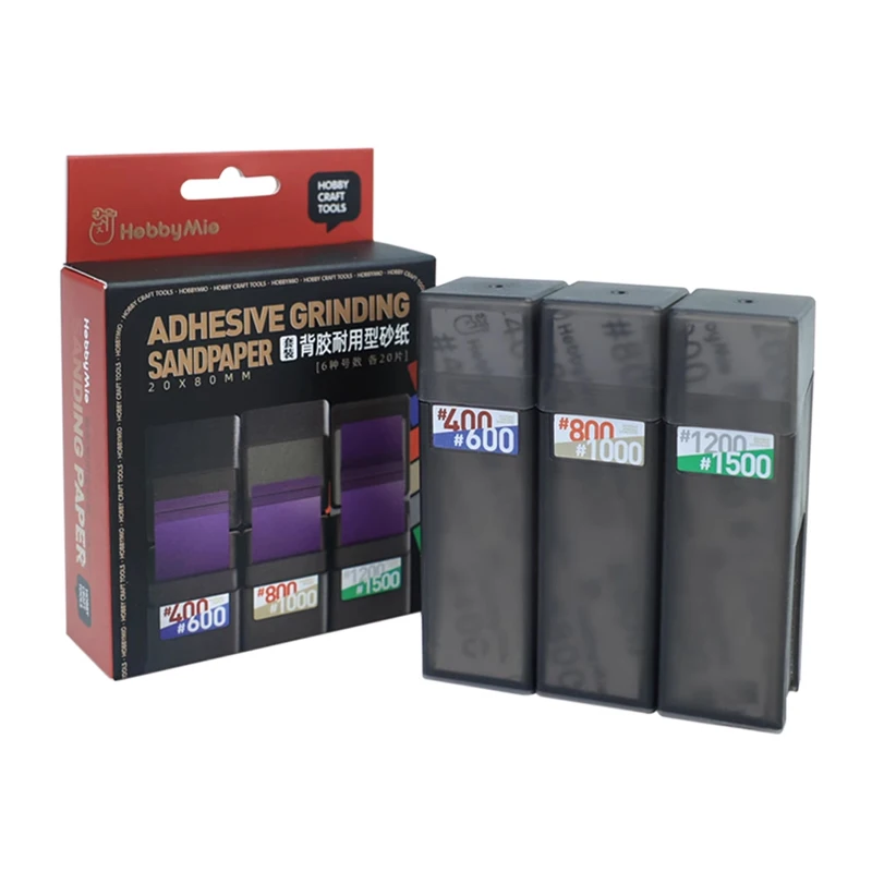 

HOBBY MIO Pre-cut Adhesive Grinding Sandpaper Set(400#/600#/800#/1000#1200#1500#,20pcs, 20x80mm) with Sandpaper Organizer Box