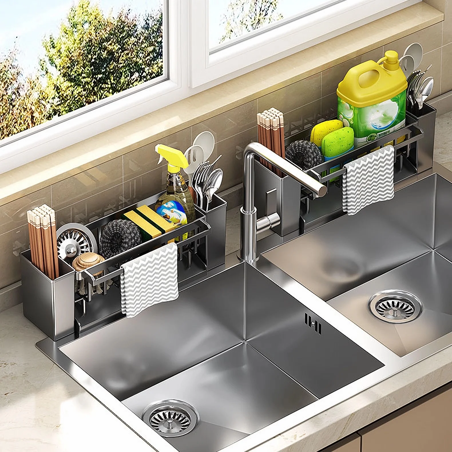 Kitchen Sink Organiser,Kitchen Sink Sponge Holder With Brush Holder,Rag Drain Rack,  Bathroom Organizer, Sink Faucet Sink Ra 3