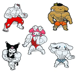 Funny Sanrio Muscle Serie Enamel Pins Kawaii Anime Hello Kitty Brooch Fitness Hunk Couple Melody Kuromi Bag Pins Accessories
