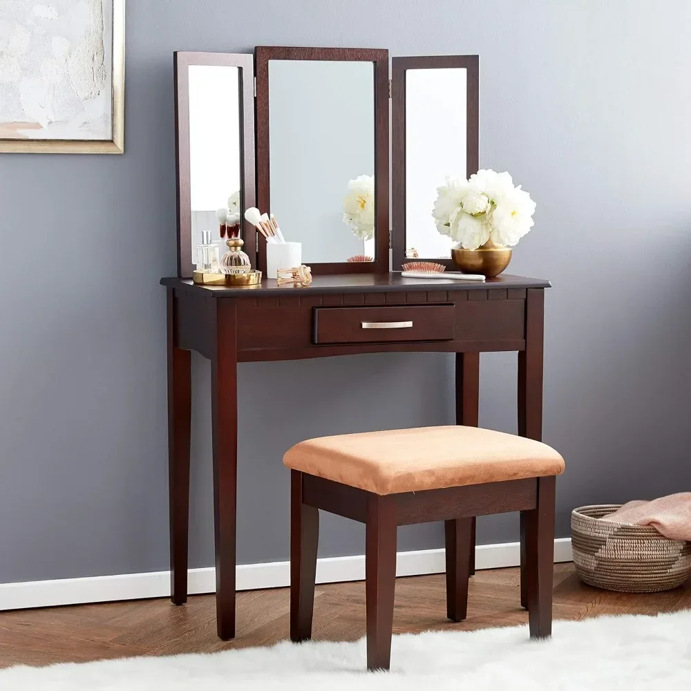 Frenchi Furniture Wood 3 Pc Vanity Set Dressers Makeup Tables Vanity Table with Drawers Dressing Table Bedroom