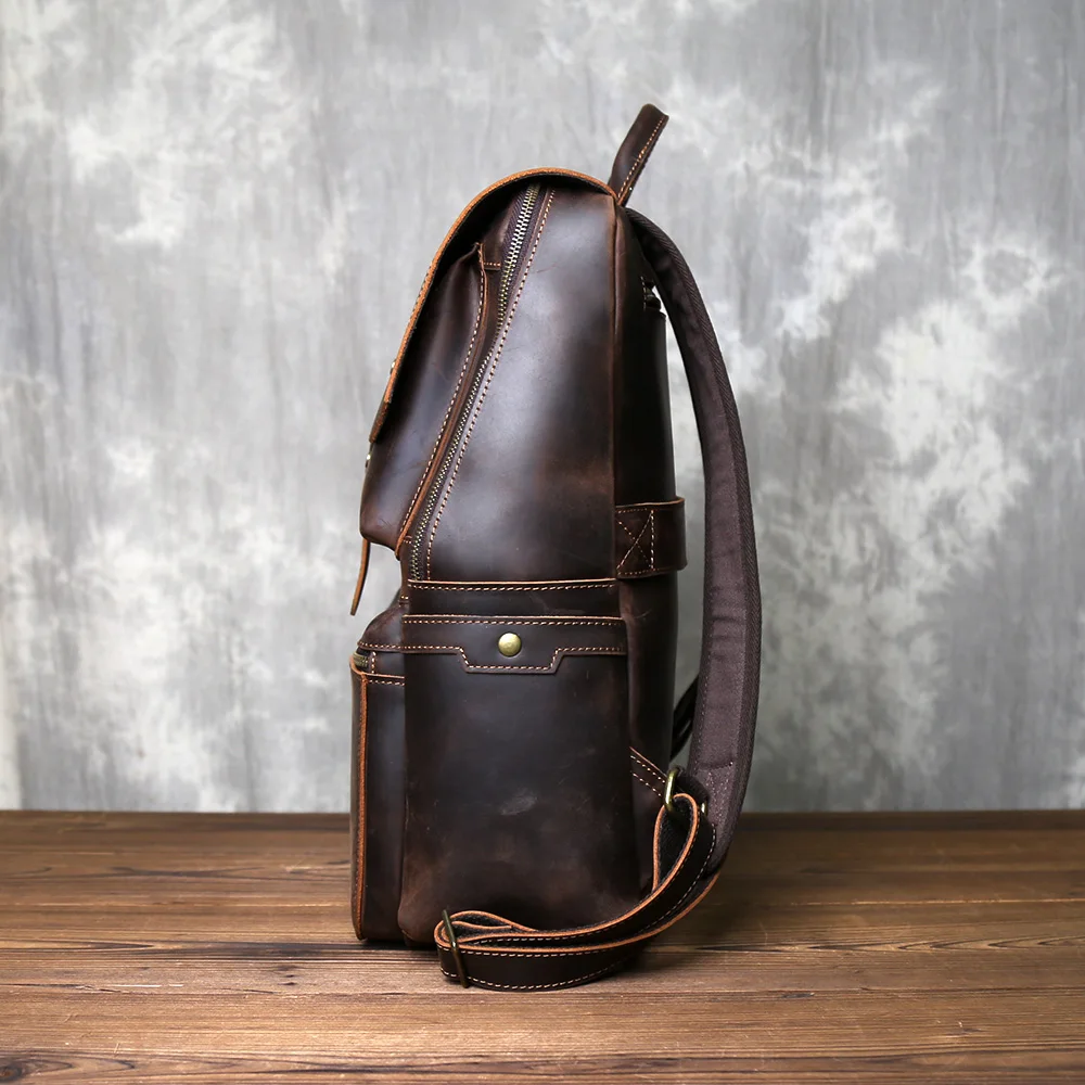 Retro Durable Crazy Horse Leather Backpack Men's Headlayer Leather Large Capacity Zipper Buckle with Outdoor Travel Computer Bag 4