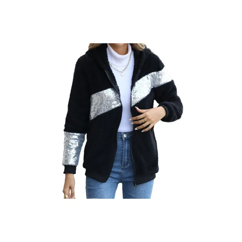 New Women's Casual Hooded Long Sleeved Sequin Patchwork Jacket