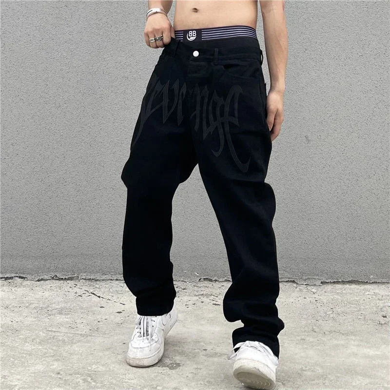 

Black Straight Clothes Male Emo Jeans Low Fashion Trousers Men's Rise Hip Denim Baggy Hop Alt Streetwear Pants Embroidered