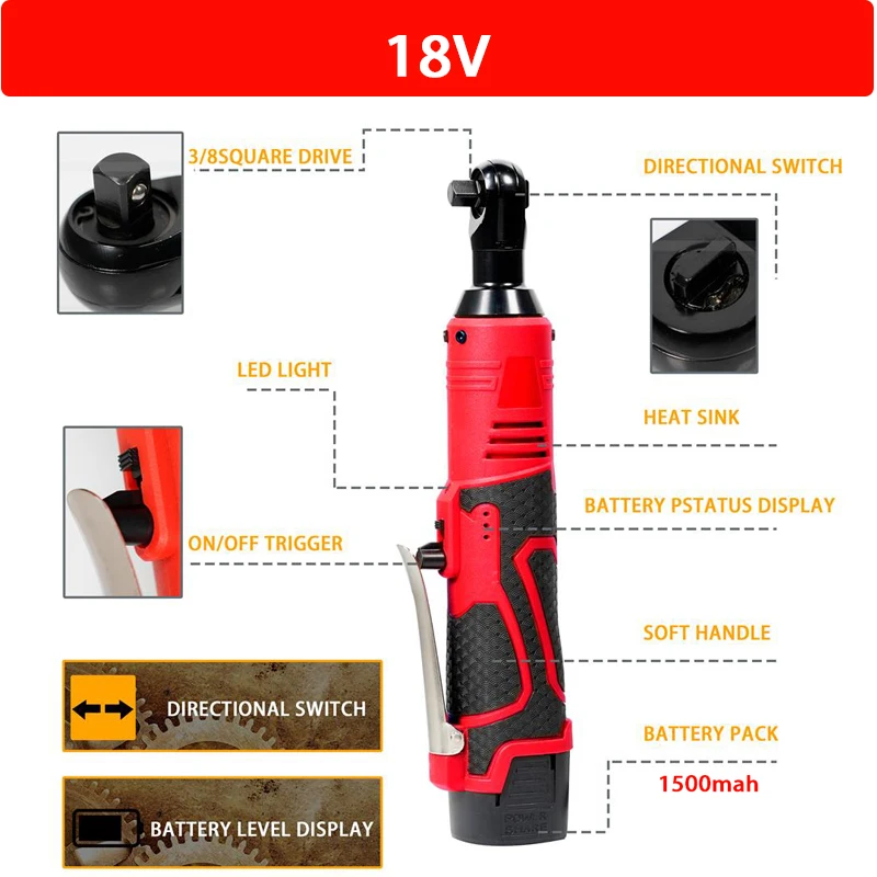 Clés à cliquet rechargeables sans fil, cliquet à angle droit, outil électrique pour tournevis à percussion, 12V, 18V, 3/8 pouces