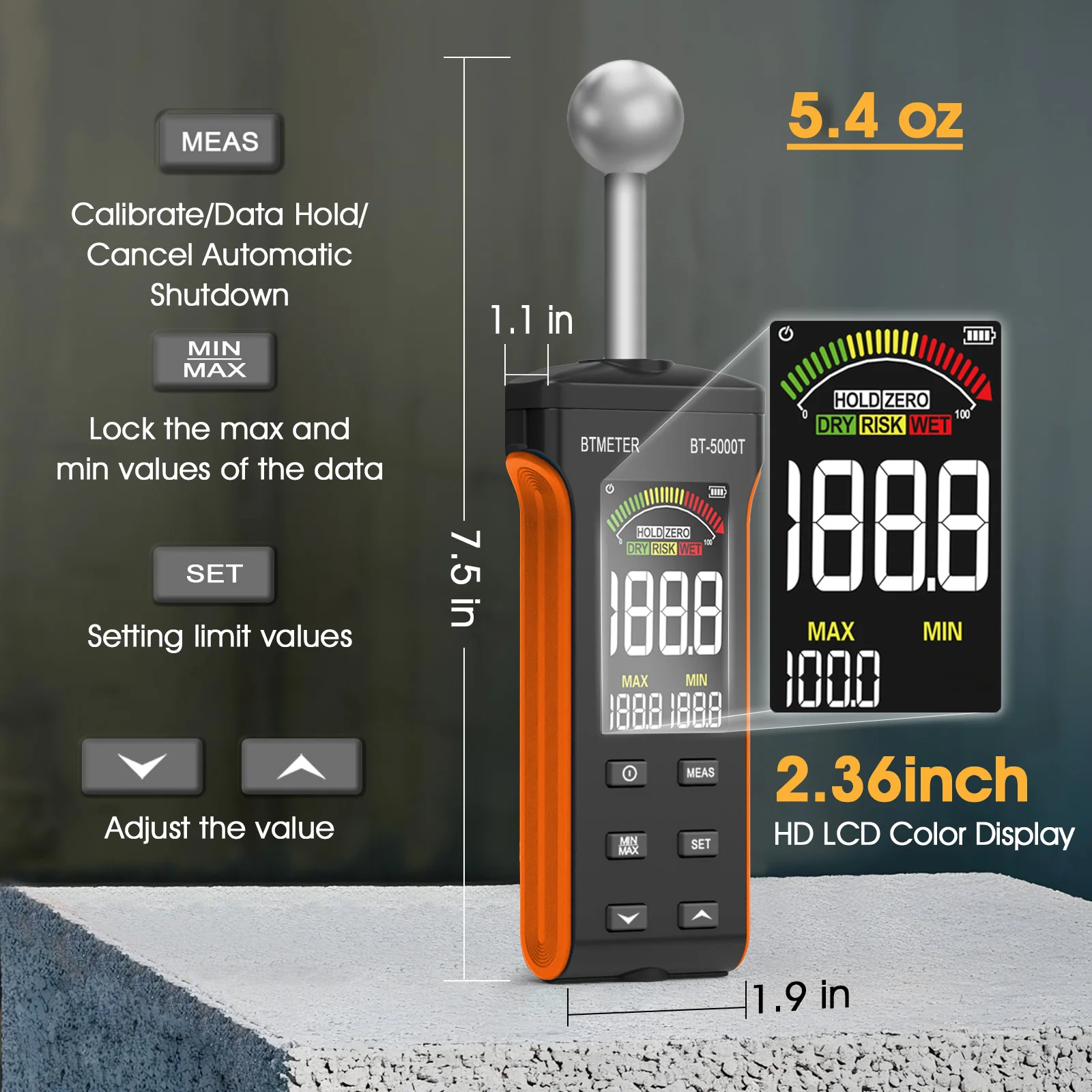 Soil Moisture Tester BT-5000T with Colour LCD Screen and Alarm Function For Walls Wood Building Materials 20-40 mm Analytical Depth