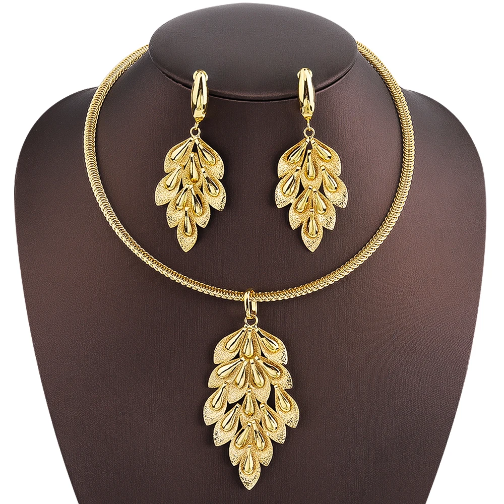 24K Gold Plated Leaf Leaves Shape Pendant Chain Necklace Earring Jewelry Set Dubai Womem Party